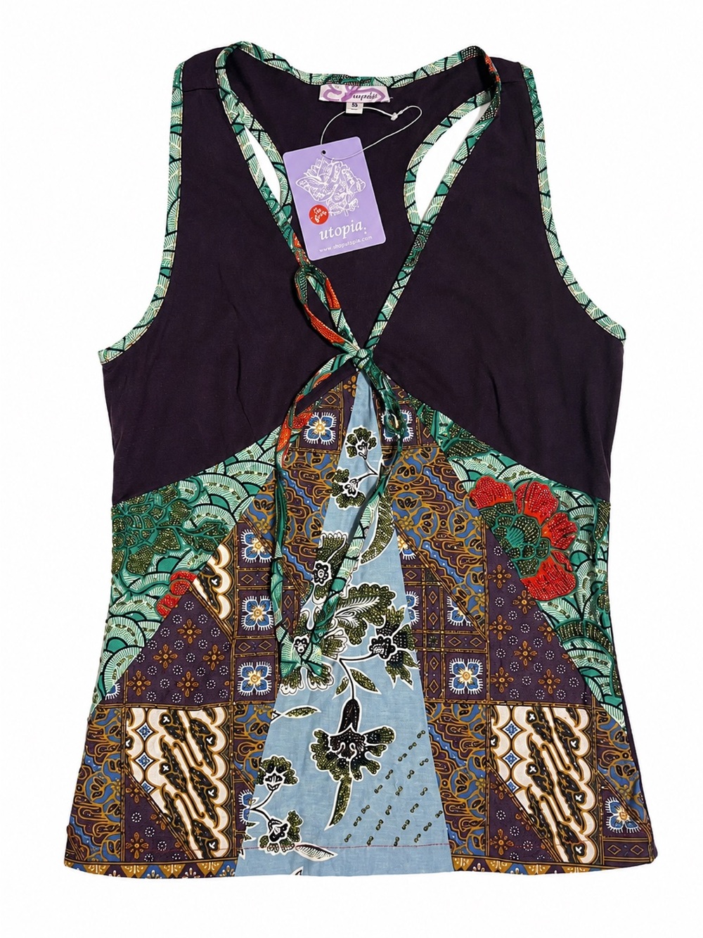 Vintage Y2K Utopia NWT Batik Patchwork Beaded Boho Tank Top S Royal Purple